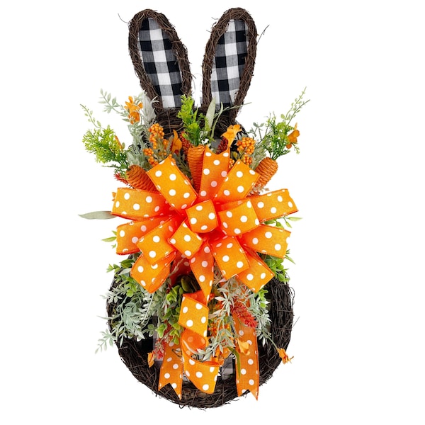 Easter bunny front door hanger, Easter decor, Easter bunny with polkadots, Spring wreath, grapevine bunny decoration, Easter buffalo plaid.