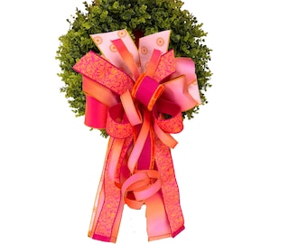 Pink Orange Door Bow, Extra Large Wreath Bow, Summer Front Door Decor, Bright Ribbon Bow, Mailbox Bow, Lantern Topper, Gift Bow, BOW ONLY