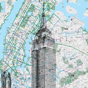 Empire State (zwart-wit), NYC Pocket Art, New York Map, New York Print, New York Subway Maps, Zeefdruk, Zeefdruk, Fietskaart, New York Recycling Maps