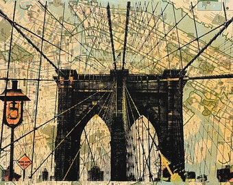 Brooklyn Bridge (Color), NYC Pocket Art, New York Map, New York Print, NYC Subway Maps, Silkscreen, Screen Printing, Bike Map, Recycling Map