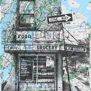Bodega Brooklyn (B/N), Serigrafía sobre mapas de Nueva York, impresión, Mapa de NYC, Serigrafía, Mapas Reciclados, Mapa de Nueva York