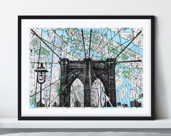 NYC subway map print, handmade Silk screen printing, Brooklyn Bridge B/W, nyc map, nyc print, wall art, New York City Map, Recycling Maps