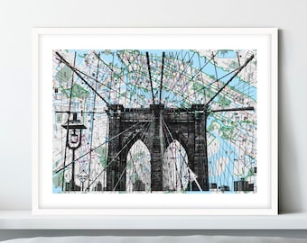 NYC subway map print, handmade Silk screen printing, Brooklyn Bridge B/W, nyc map, nyc print, wall art, New York City Map, Recycling Maps