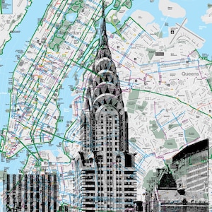 Chrysler Building (N/B), Art de poche de New York, carte de New York, impression de New York, plans du métro de New York, sérigraphie, sérigraphie, carte des pistes cyclables, carte de recyclage