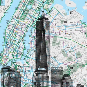 One World Trade Center (B/N), Serigrafía sobre mapas de Nueva York, impresión, Mapa de NYC, Serigrafía, Mapas Reciclados, Mapa de Nueva York
