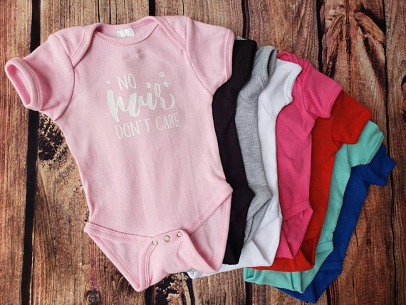 Gray No Hair Don/'t Care cotton and vinyl unisex baby onesiebodysuit black Custom colors. blue white pink aqua red
