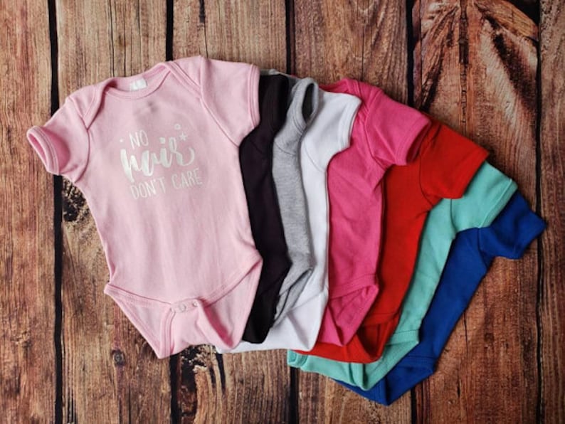 Gray No Hair Don/'t Care cotton and vinyl unisex baby onesiebodysuit black Custom colors. blue white pink aqua red