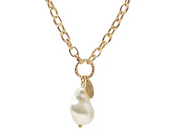 Pearl Pendant Short Necklace Gold, Pearl Charm Necklace, Gift For Her, Pearl Dangle Necklace, Baroque Pearl Necklace, Bold Chain Necklac