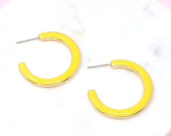 Colored Metal Hoop Earrings, Colored Simple Hoop, Gift For Her, Epoxy Colored Hoop, Modern Minimalist Earring, Yellow, Tranquil Blue