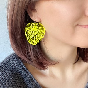Fern Leaf Drop Dangle Earrings, Neon Color Vacation Earrings, Lightweight Statement Earrings, Tropical Leaf Earrings, Gift For Her