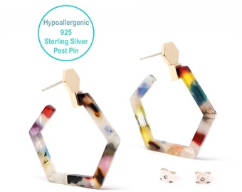 Small Hexagon Resin Hoop Earrings, Geometric Acetate Statement Earrings, Multi Color Tortoise Dainty Earrings, Tortoise Hoop Earrings