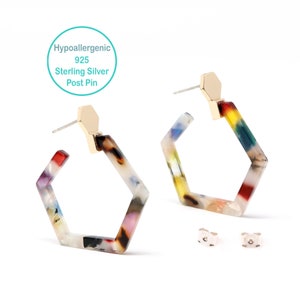 May include: A pair of colorful hexagonal hoop earrings with a gold post and back. Hypoallergenic 925 Sterling Silver Post Pin.