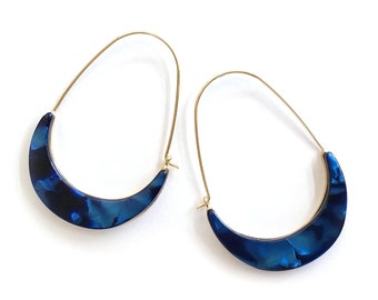 Crescent BLUE Acetate Earring, Geometric Earrings, Fashion Statement Earrings, Hoop Earring, Celluloid Earring, Gifts For Her, Resin Earring