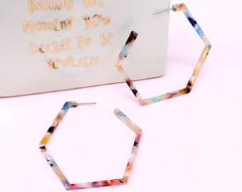 Hexagon Resin Hoop Earrings, Tortoise Hoops Earrings, Acetate Hoop Earrings, Lightweight Statement Earrings, Multi Color Hoops, Gift For Her