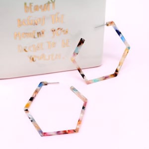 Hexagon Resin Hoop Earrings, Tortoise Hoops Earrings, Acetate Hoop Earrings, Lightweight Statement Earrings, Multi Color Hoops, Gift For Her