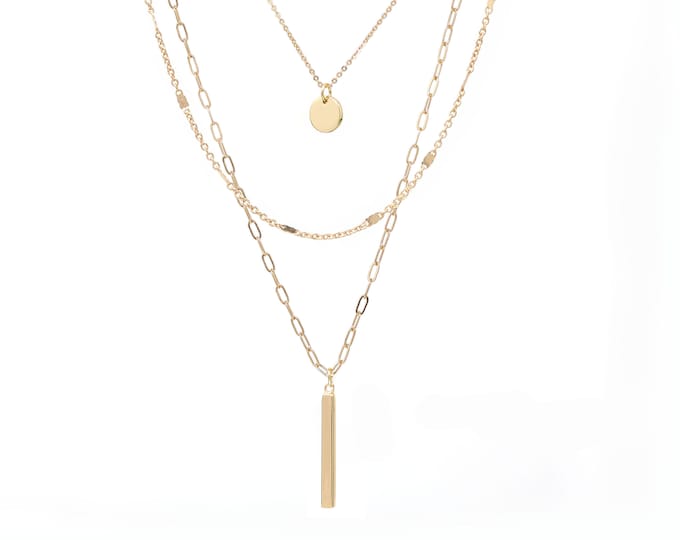 3 Layered Minimalist Necklace Set with Detangler Clasp Closure, Modern Paperclip Gold Plate Chain With Bar Charm, Less Tangle