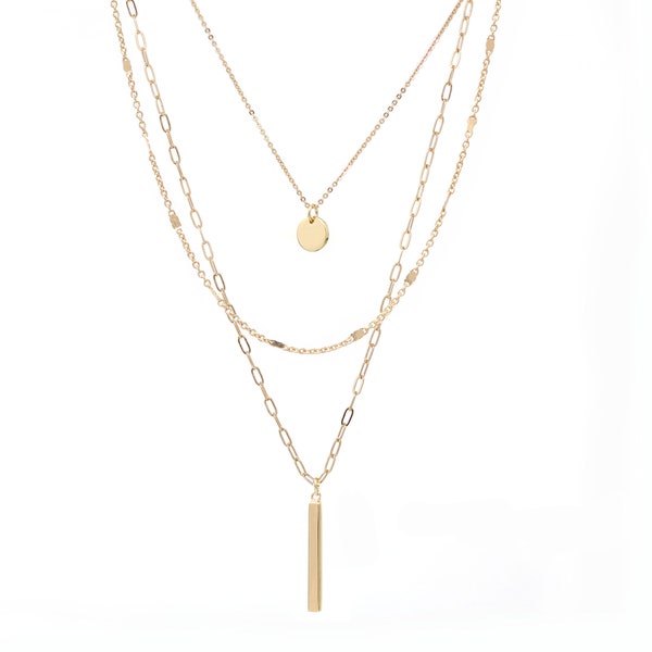 Dainty 3 Layered Charm Necklace Set Gold Connected With A Detangler Clasp, Modern Paperclip Chain Layered Necklace, Jewelry Gifts For Her