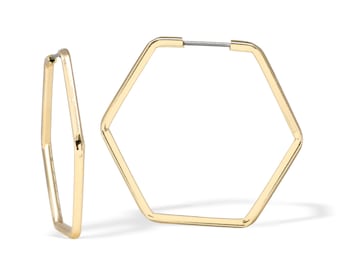 May include: A pair of gold hexagonal hoop earrings. The earrings are simple and modern in design.