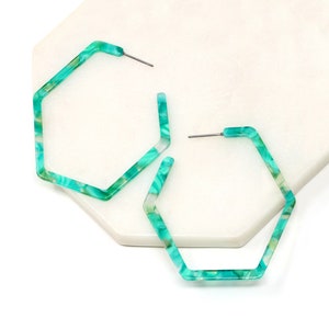 Hexagon Resin Hoop Earrings, Green Color Resin Earrings, Lightweight Statement Earrings, Minimalist Polygon Earrings, Jewelry Gifts For Her