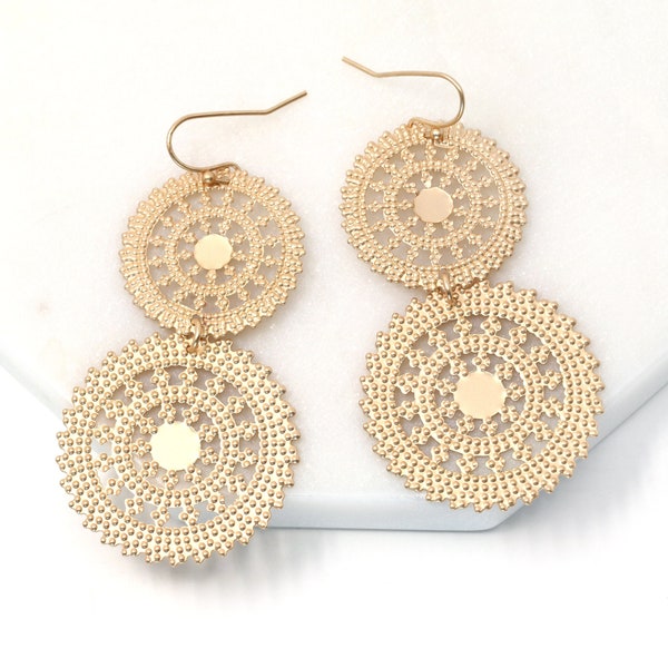 Circle Filigree Drop and Dangle Earring Gold,  Lightweight Drop Earring in Silver, Gift For Her, Geometric Earring, Statement Earring