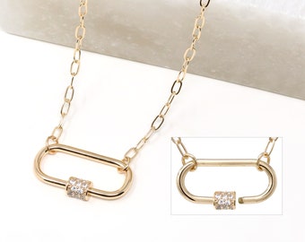 Carabiner Necklace, Pave Carabiner Lock Necklace, Screw Lock Pendant Necklace, Paperclip Chain Pendant Necklace, Caribeaner, Gifts For Her,