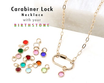 Carabiner Lock Necklace Gold With Birthstone Charm, Mini Carabiner Lock Necklace Gold, Bridesmaid Gift, Birthstone Gift,Personalized Jewelry