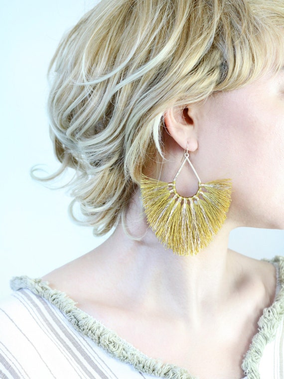 Copper Crescent Moon w//Silk Thread Tassels Statement Earrings 2 1//2 Latest Fashion