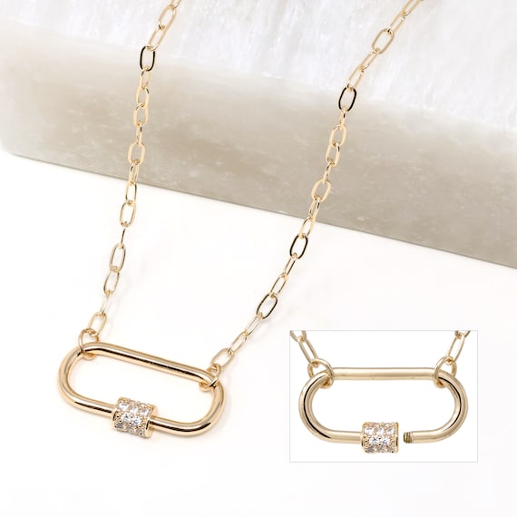 Carabiner Necklace, Pave Carabiner Lock Necklace, Screw Lock