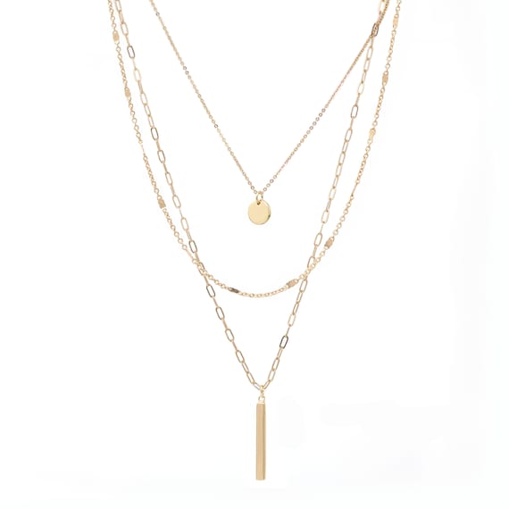 Dainty 3 Layered Charm Necklace Set Gold Connected With A Detangler Clasp, Modern Paperclip Chain Layer Necklace