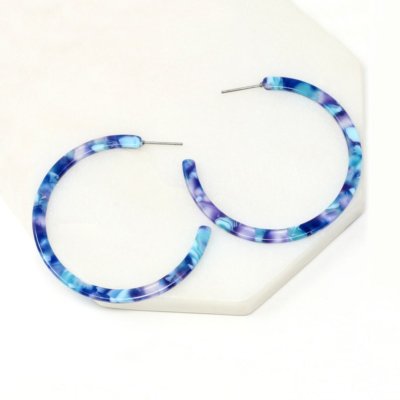 Resin Hoop Earring, 50mm Hoop Earring, Acetate Hoop Earring, Statement Earring, Multi Color Hoop Earring, Tortoise Hoop Earring,Gift For Her Blue Multi