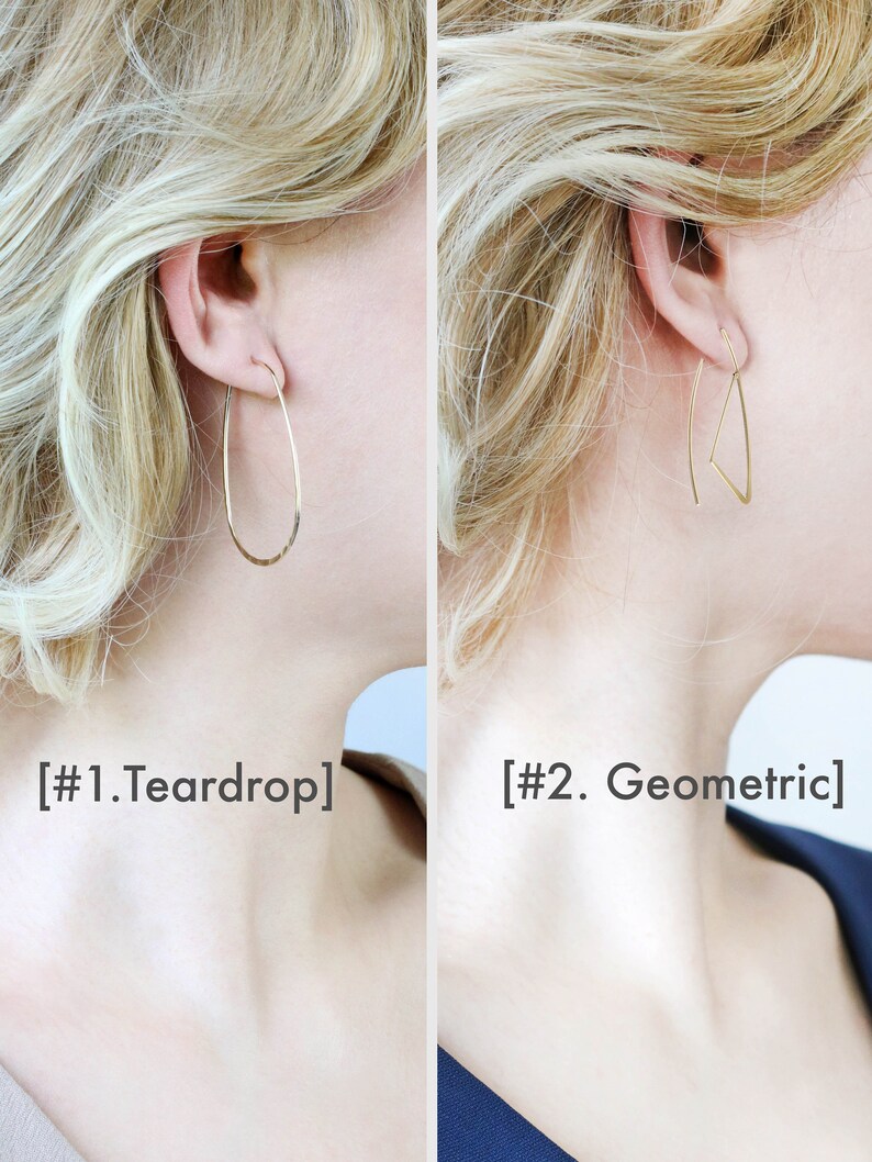 K&ouml;nnte beinhalten: Zwei goldene Ohrringe, einer in Tropfenform und einer geometrisch. Der Tropfenohrring ist glatt und der geometrische Ohrring ist kantig. Die Ohrringe werden von einer Person mit blonden Haaren getragen.