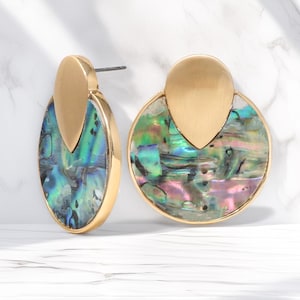 May include: A pair of gold tone earrings with a round iridescent abalone shell design. The earrings have a teardrop shaped gold accent.