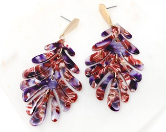 Leaf Acetate Fashion Statement Earrings, Resin Earrings, Leaf Earring, Gift For Her, Celluloid earrings, Burgundy Earring, Celluloid Earring