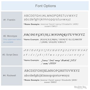 May include: A chart showing four different font options for names. The fonts are Franklin, Monotype, Script Deco, and Rockwell. Each font option includes a sample name using the font.