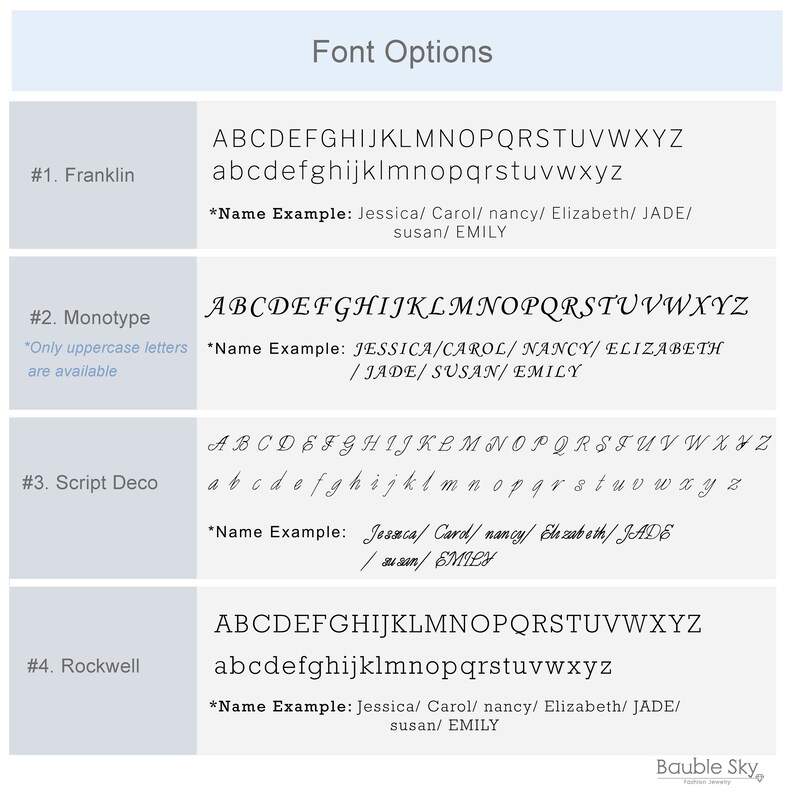 May include: A chart showing four different font options for names. The fonts are Franklin, Monotype, Script Deco, and Rockwell. Each font option includes a sample name using the font.