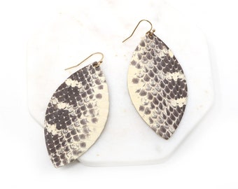 Snake Leather Dangle & Drop Earrings, Leaf Earring, Modern Earrings, Animal Print Leather Earring, Gift For Her, Simple, Everyday Earrings