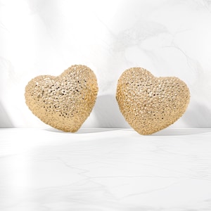 Puffy Heart Earrings Gold, Textured Heart Earrings, Gift For Her, Bold Heart Earrings Gold, Trendy Heart Statement Earrings, Cute Earrings