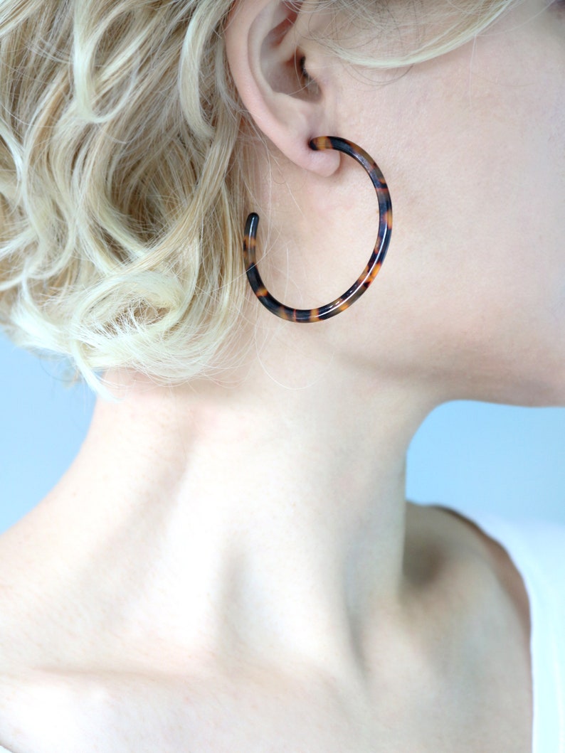 Resin Hoop Earring, 50mm Hoop Earring, Acetate Hoop Earring, Statement Earring, Multi Color Hoop Earring, Tortoise Hoop Earring,Gift For Her Brown-Tortoise