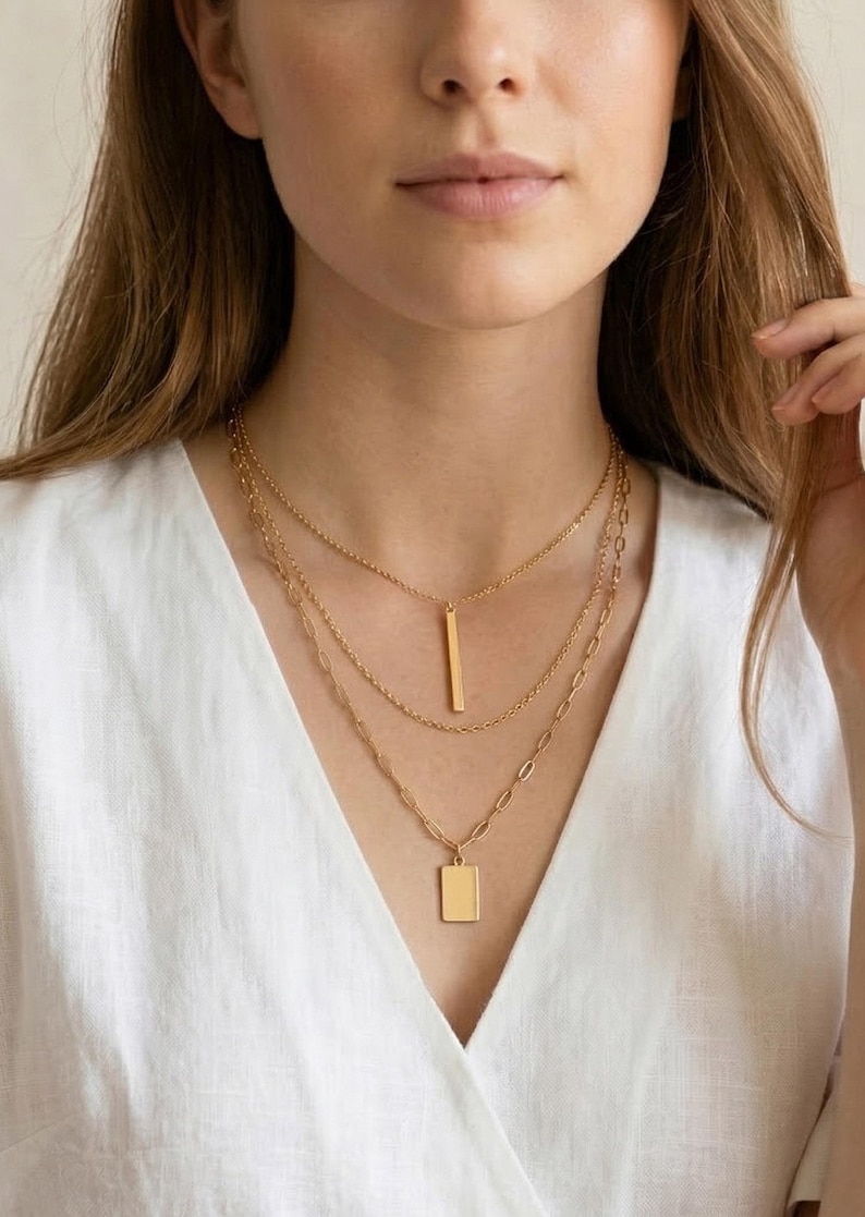 3 Layered Minimalist Necklace Set with Detangler Clasp Closure, Modern Paperclip Gold Plate Chain With Bar Charm, Less Tangle image 4