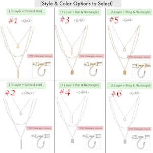 May include: Six different layered necklaces with various pendant styles, including a circle, bar, and rectangle. The necklaces are available in gold and silver finishes. Each necklace has a detangler closure.
