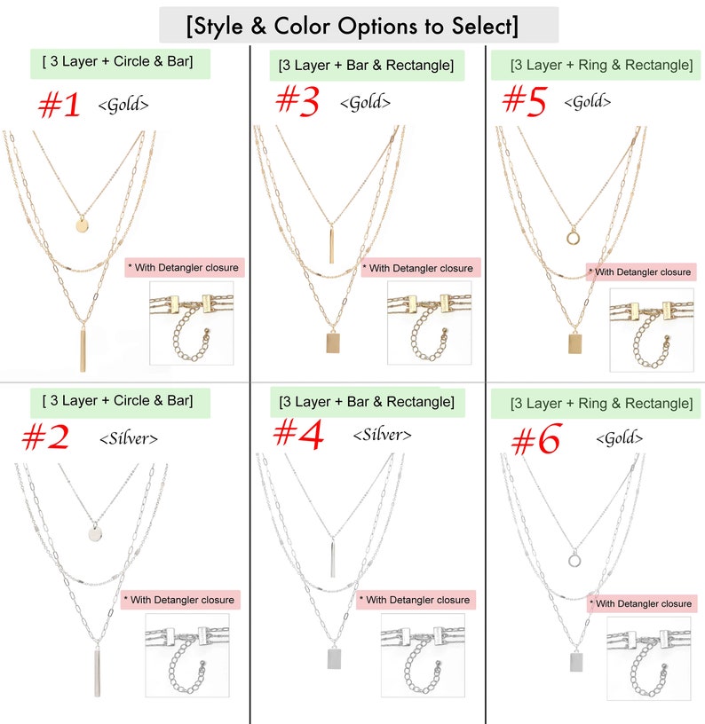 May include: Six different layered necklaces with various pendant styles, including a circle, bar, and rectangle. The necklaces are available in gold and silver finishes. Each necklace has a detangler closure.