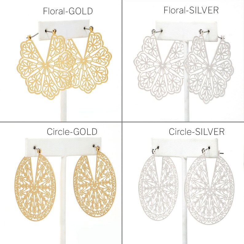 May include: Four pairs of earrings in gold and silver. Two pairs are floral designs, and two are oval circle designs. The text "Floral-GOLD", "Floral-SILVER", "Circle-GOLD", and "Circle-SILVER" are displayed above each pair of earrings.