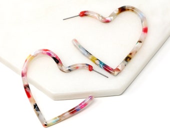 Resin Hoop Earring, Heart Resin Hoop, Multi Color Resin Earring, Acetate Hoop, Minimalist Earring, Lightweight Statement Hoop, Gift For Her