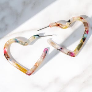 Resin Heart Hoop Earrings, Multi Color Resin Earrings, Heart Earrings, Minimalist Earring, Lightweight Statement Hoop Earrings, Gift For Her