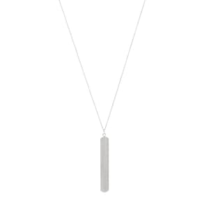 May include: A silver-toned necklace featuring a long, rectangular pendant with a textured surface. The pendant hangs from a delicate chain, creating a simple yet elegant design. The necklace is a versatile accessory.