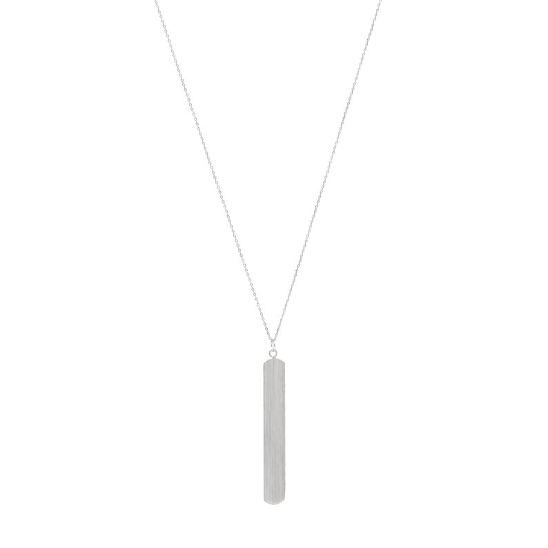 May include: A silver-toned necklace featuring a long, rectangular pendant with a textured surface. The pendant hangs from a delicate chain, creating a simple yet elegant design. The necklace is a versatile accessory.