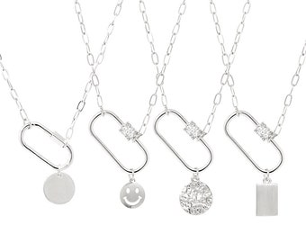 Collar con mosquetón plateado con dije, mini collar con cierre de mosquetón, collar con dije de mosquetón pavé, collar con cadena de clip, regalo para ella