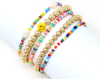 Smiley Face Bead Bracelet, Stackable bracelets set, Multi Strand Smile Bracelet, Gift for Her, Beaded Stackable Bracelets For Women, Emoji