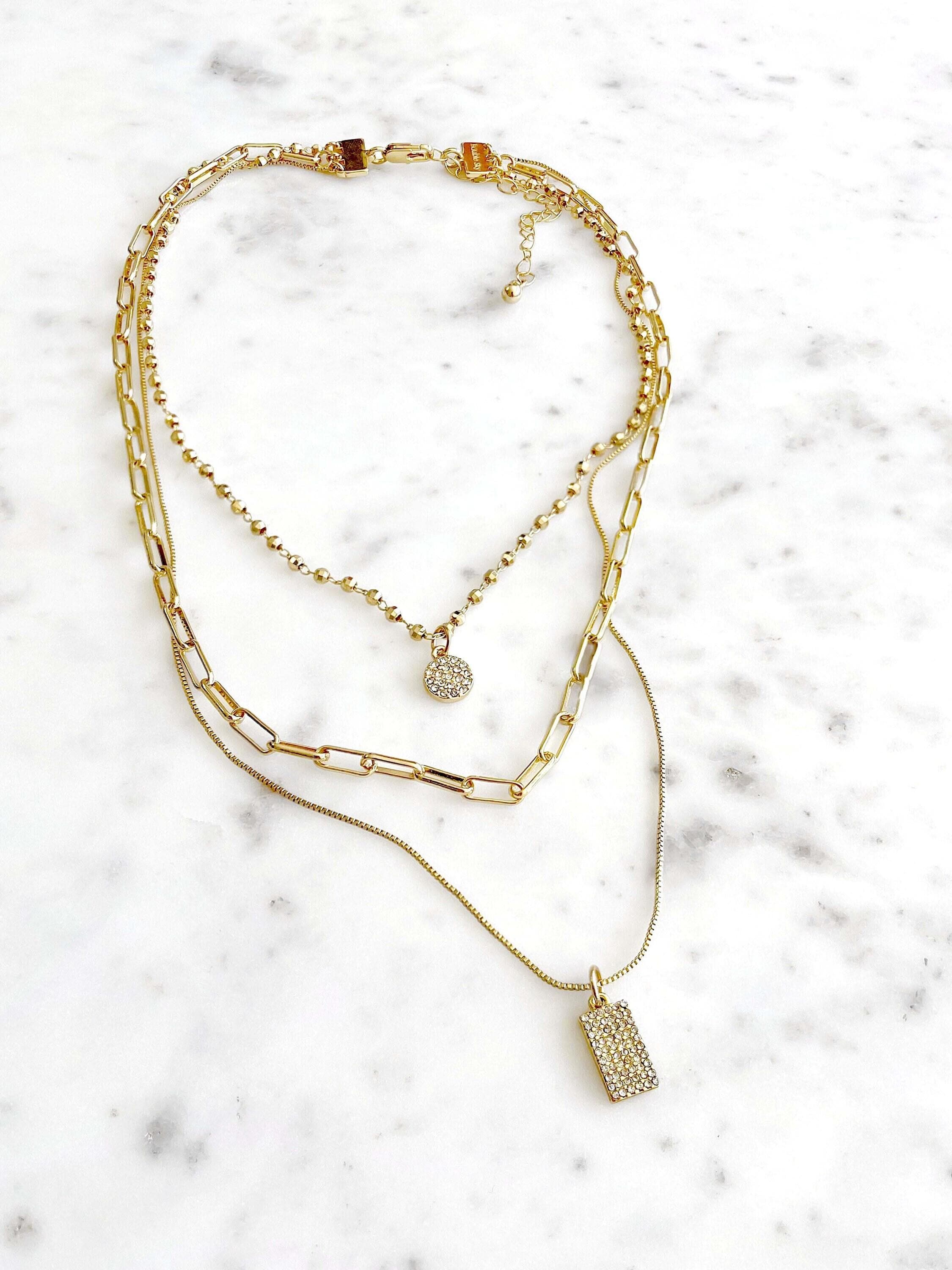 Triple Layered Gold Charm Necklace Set, Detangler Clasp, Paved & Plain…