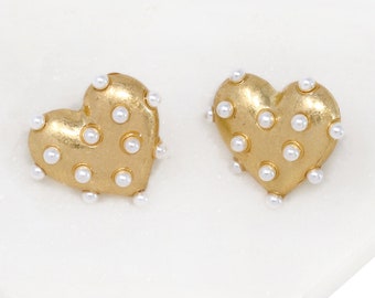 Puffy Heart Stud Earrings, Pearl Encrusted Earrings, Gift For Her, Gold Stud Earrings with Pearls, Elegant Pearl Earring, Minimalist Earring